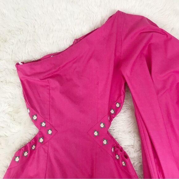 FANM MON Amarya Pink One Shoulder Dress Long Sleeve Cutout Embroidered XS New - Picture 4 of 14